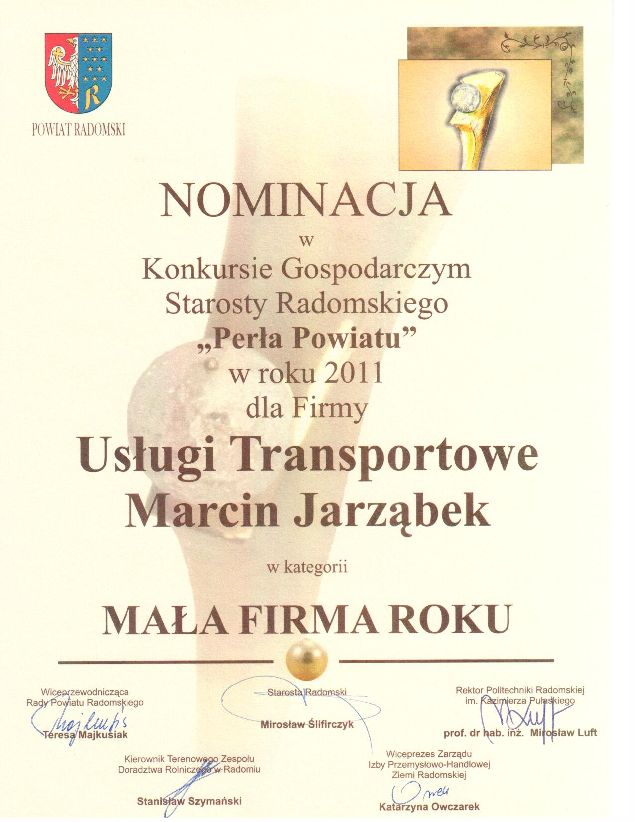 Nominacja Perła Powiatu 2011 — Mała Firma Roku, Konkurs Gospodarczy Starosty Radomskiego